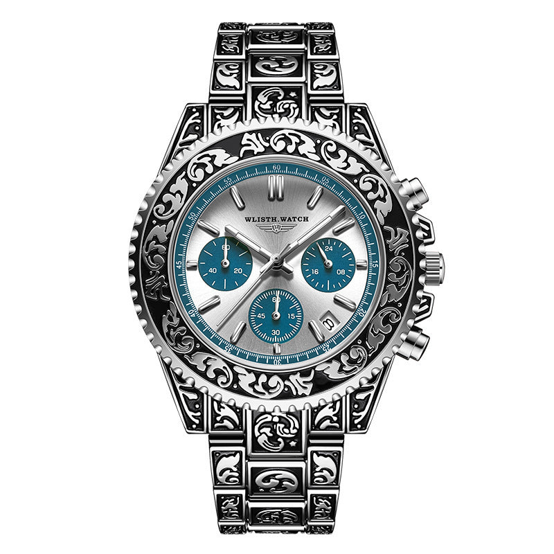 Vintage Men's Quartz Watch – Multi-function with Engraved Design