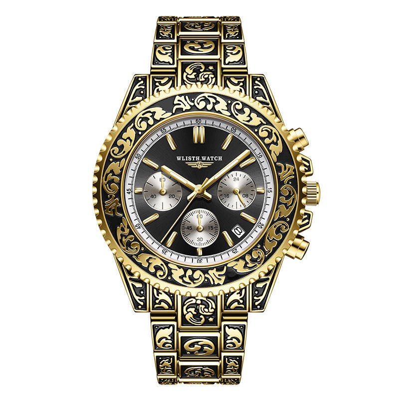 Vintage Men's Quartz Watch – Multi-function with Engraved Design
