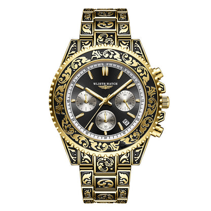 Vintage Men's Quartz Watch – Multi-function with Engraved Design