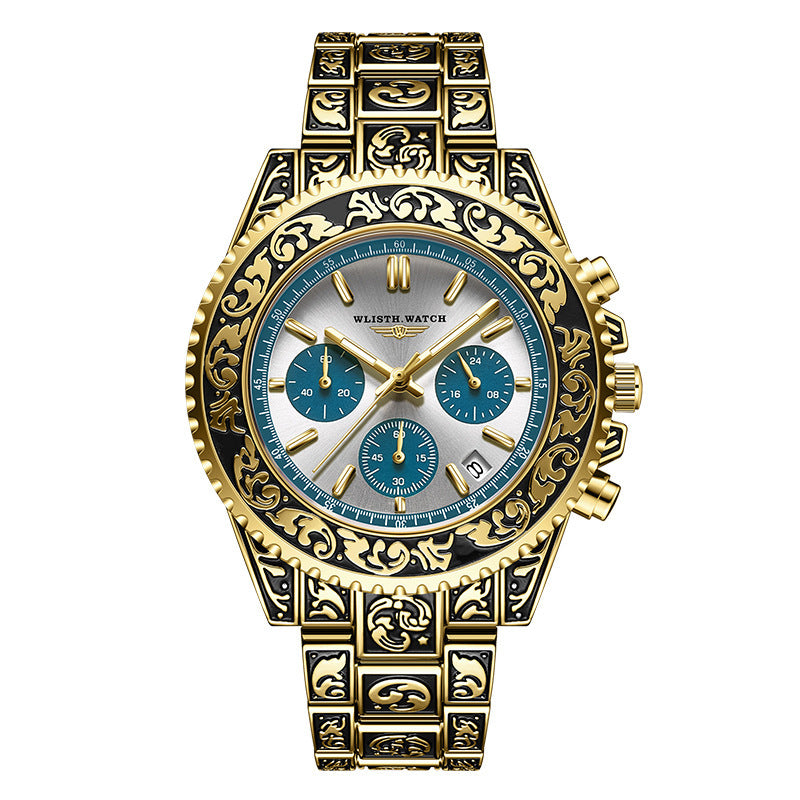Vintage Men's Quartz Watch – Multi-function with Engraved Design