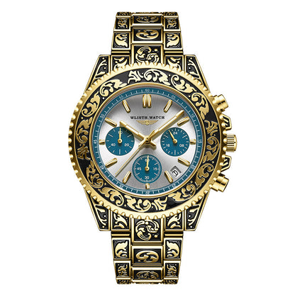 Vintage Men's Quartz Watch – Multi-function with Engraved Design