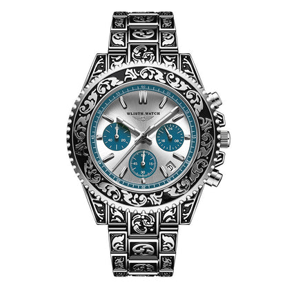 Vintage Men's Quartz Watch – Multi-function with Engraved Design