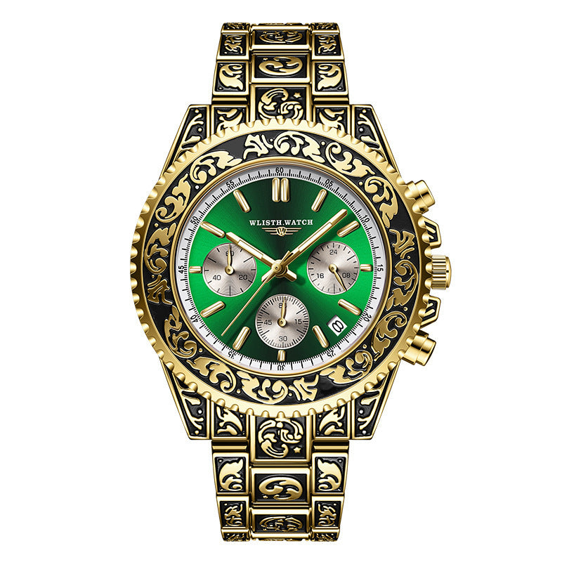 Vintage Men's Quartz Watch – Multi-function with Engraved Design
